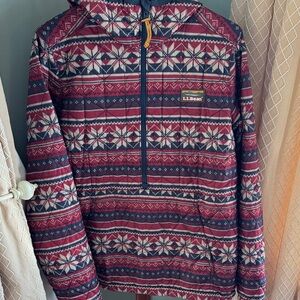 L.L. Bean Katadihn Burgundy, Navy & Cream Fair Isle Half-Zip Puffer Pullover